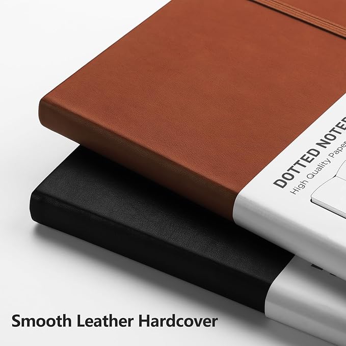 RETTACY Bullet Dotted Journal Notebook, 256 Pages, A5 Medium Size (5.7'' × 8.3''), Leather Hardcover, 120 GSM Thick Paper, for Bullet Journaling, Planning, Tracking (Brown)