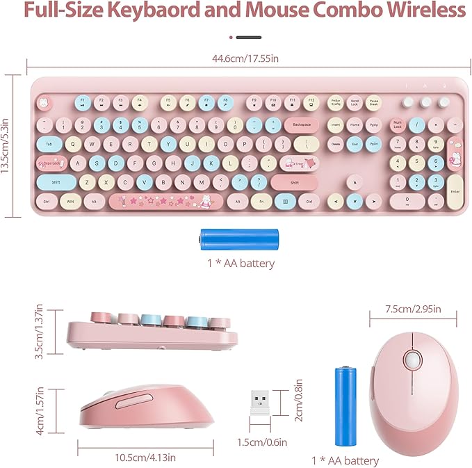 Fogruaden Pink Wireless Retro Typewriter Keyboard, 2.4GHz Full Size Cute Keyboard with Number Pad, Pink Colorful with Retro Round Keycaps for Windows PC Laptop
