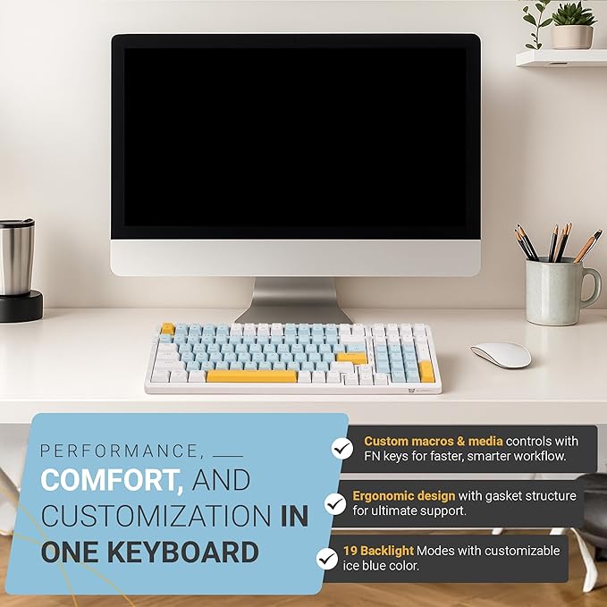 Qisan Wireless/Wired Mechanical Keyboard, Triple Mode 2.4G/USB-C/BT Wireless Gaming Keyboards, 100 Keys (98%) US Layout Red Switch Rechargeable Ice Blue Backlit Keyboard | Blue, Yellow & White