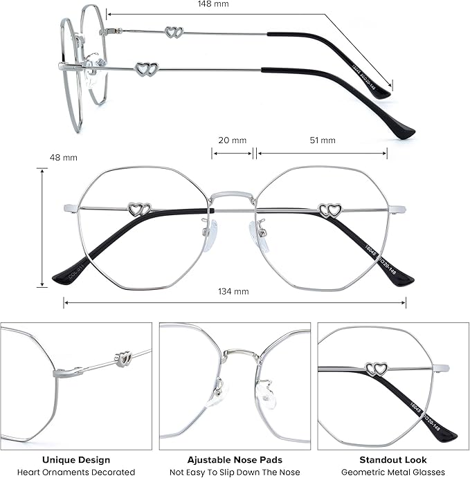 GUDVUE Blue Light Glasses, Computer/Gaming/TV/Phones Glasses for Women/men, Anti Glare/UV400/Eye Strain, Polygon Silver
