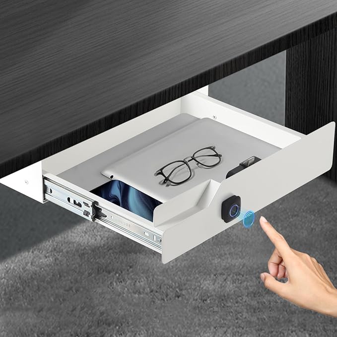 Under Desk Drawer with Lock Fingerprint, 16" W x 11.8" D x 6.3" H, Lockable Under Desk Slide Out Drawer, White