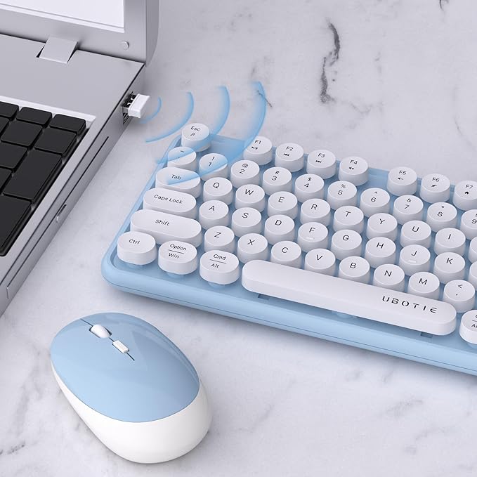 UBOTIE Colorful Computer Wireless Keyboard Mouse Combos, Typewriter Flexible Keys Office Full-Sized Keyboard, 2.4GHz Dropout-Free Connection and Optical Mouse (Blue-White)