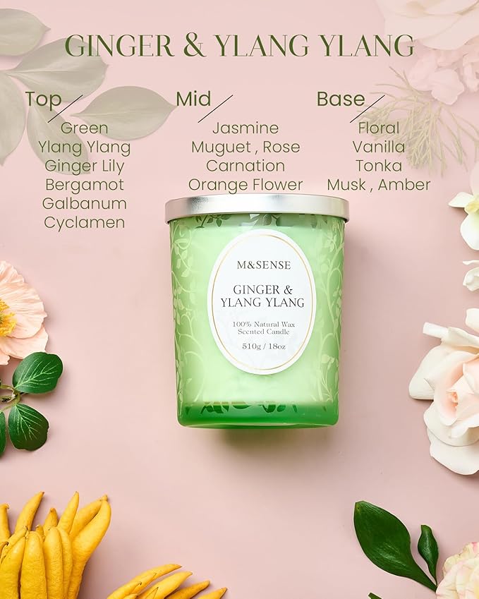 M&SENSE Wooden Wick Scented Candles, Ginger YlangYlang Candles, 100 Hours Slow Burning No Toxin Natural Soy Wax 18oz, Stress Relief Relax Romance Home Fragranfce, Gifts for Her Him