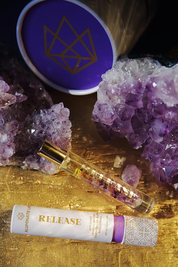 Essential Oil Rollerballs, .34 OZ, Release - Amethyst Crystal Infused - Scent of Lavender, Bergamot, & Frankincense - Aromatherapy Roll On Oils, Skin Care, Massage