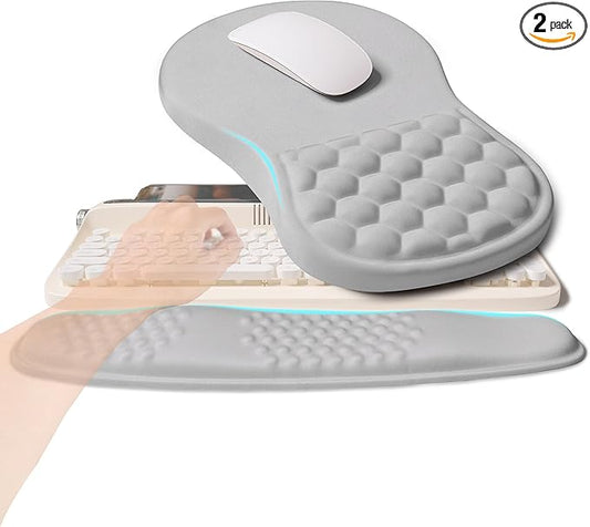 2-in-1 Ergonomic Set, Wave Rise Keyboard Wrist Rest and Massage Bulge Slope Mouse Pad Wrist Support, Cushion Memory Foam Integrated to Relieve Wrist Pain, Silver Gray