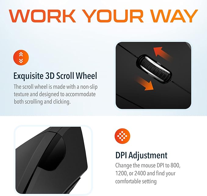 Delton Ergonomic Vertical Rechargeable Wireless Mouse with Auto Pair USB Dongle, 6 Buttons, 3 Adjustable DPI Levels (800/1200/2400), Compatible for PC, Laptop, Mac, Chromebook - Black