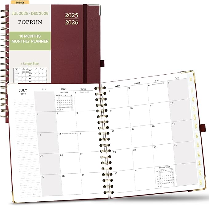 POPRUN Monthly Planner 2025-2026 Spiral Hardcover (8'' x 10''), 18 Months Calendar (Jul.2025 - Dec.2026)- 2 Pages per Month with Dotted Note Pages, Sunday Start, Laminated Tab - Burgundy
