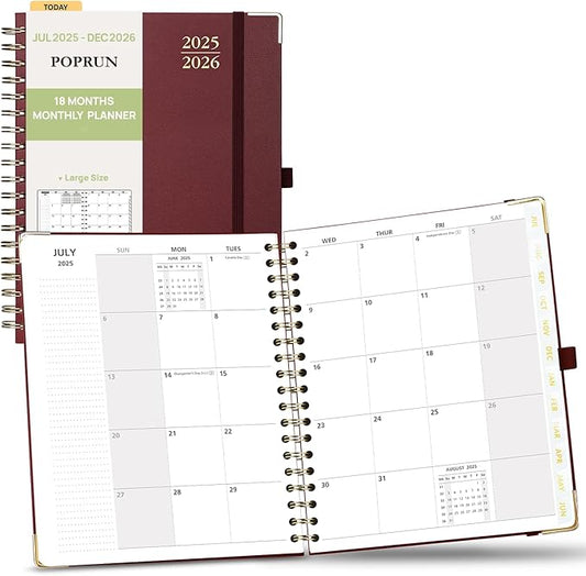 POPRUN Monthly Planner 2025-2026 Spiral Hardcover (8'' x 10''), 18 Months Calendar (Jul.2025 - Dec.2026)- 2 Pages per Month with Dotted Note Pages, Sunday Start, Laminated Tab - Burgundy
