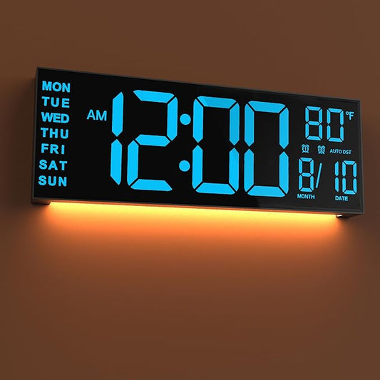 JALL 16" Large Digital Wall Mount Clock, Count Down Timer, Alarm, Big LED, DST, Temperature for Living Room Classroom Desk, Xmas, Birthday Gift for Senior Men Women Mom Dad, Blue