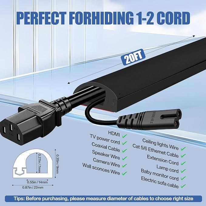 Floor Cable Cover, Low Profile Cable Hider for Wires, Self Adhesive Cord Hider for Wall, Cord Covers Wall Mounted Tv, for Offices, Gym, Exhibitions(Black, 20 Feet)