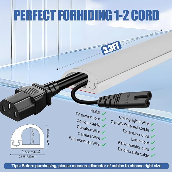 Floor Cable Cover, Low Profile Cable Hider for Wires, Self Adhesive Cord Hider for Wall, Cord Covers Wall Mounted Tv, for Offices, Gym, Exhibitions (Gray, 3.3 Feet)