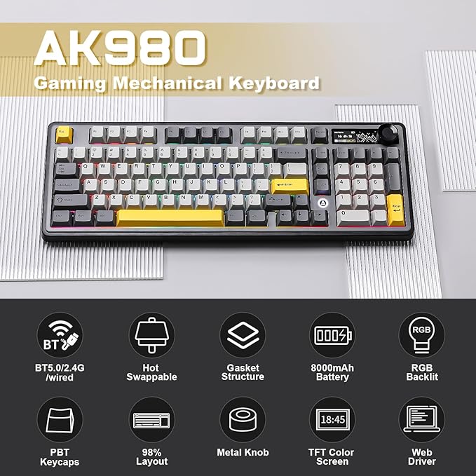 AJAZZ AK980 Wireless Keyboard with Smart Display & Knob,98% Mechanical Keyboard Tri-Mode BT/2.4G/USB-C, Hot Swappable, PBT Keycaps, with RGB Light for Win & Mac(Black,Murad Switch)