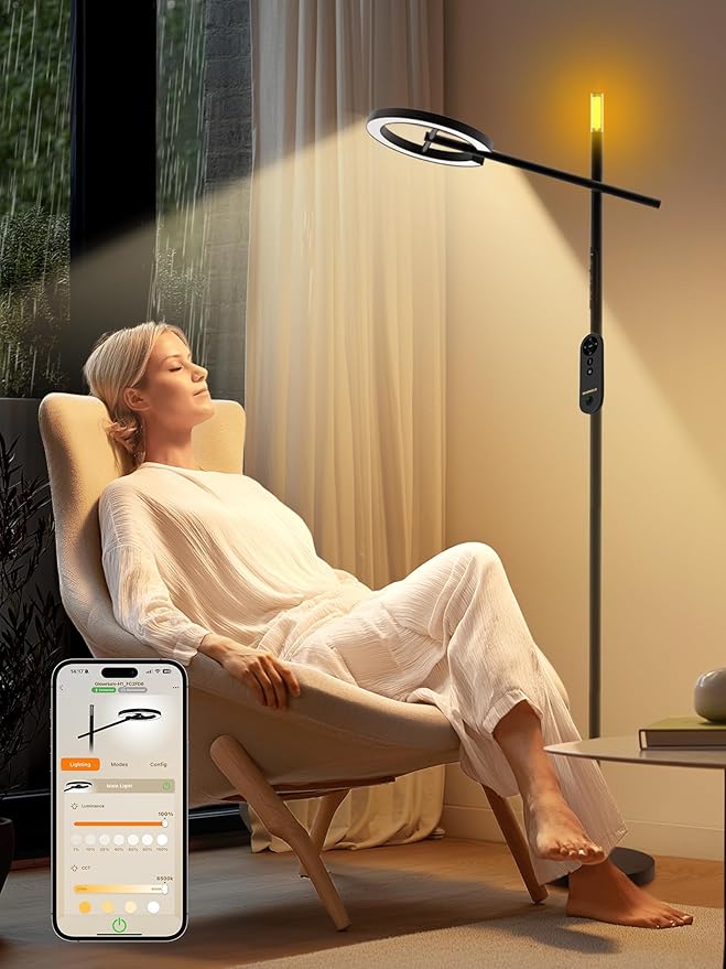 GLOWRIUM Smart Wake Up Light Therapy Lamp with App, 10000 Lux Full-Spectrum Happy Therapy Light, UV-Free Sun Lamp, Circadian Rhythm, Remote, Timer, Cozy Light Settings for Winding Down
