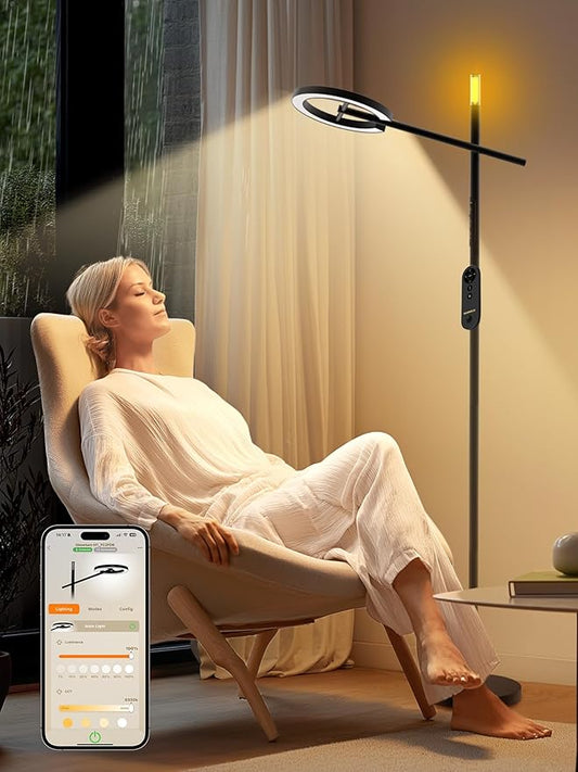 GLOWRIUM Smart Wake Up Light Therapy Lamp with App, 10000 Lux Full-Spectrum Happy Therapy Light, UV-Free Sun Lamp, Circadian Rhythm, Remote, Timer, Cozy Light Settings for Winding Down