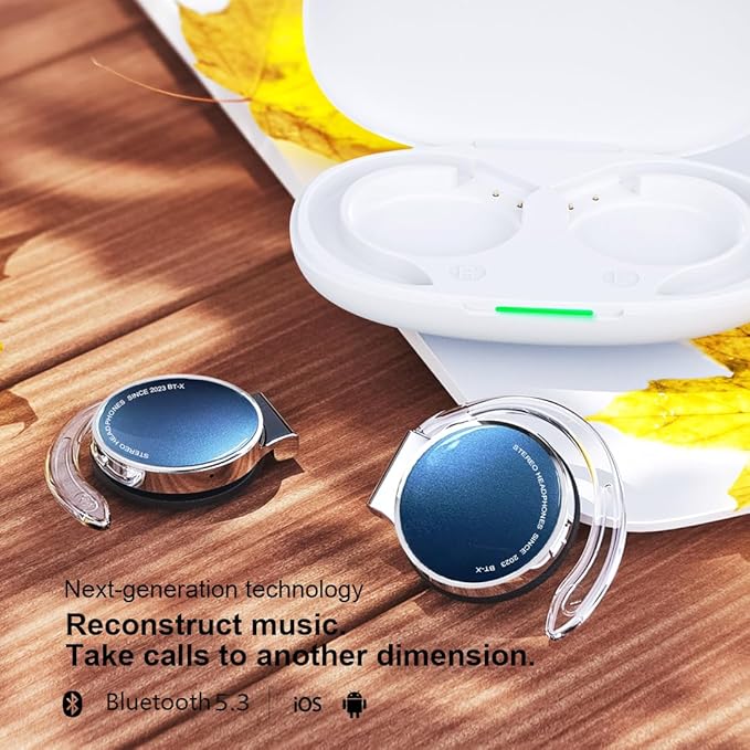 Open-Ear Headphones Bluetooth V5.3, On Ear Headphones Wireless with Earhooks, Ear Clip On Earphones, Sports Headset Bluetooth with 4 Microphones, Noise Cancelling/Long Battery Life