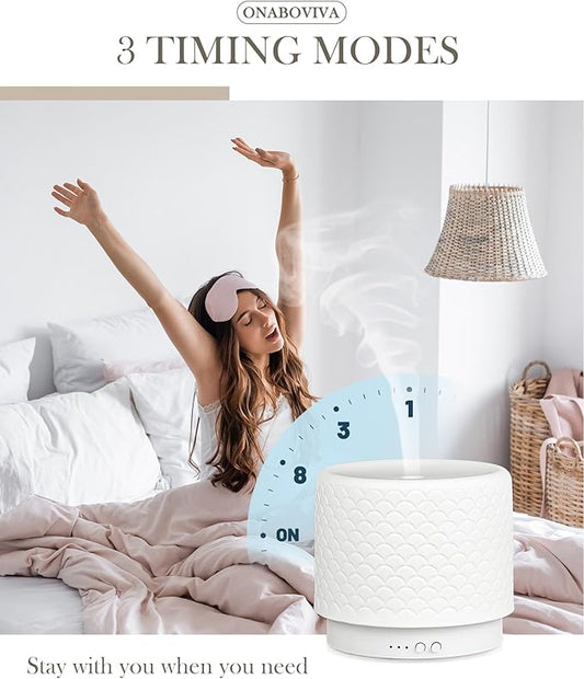 Ceramic Essential Oil Diffuser 280ml- Aromatherapy Diffuser with Ultrasonic Cool Mist Humidifier, Night Light, Timer, Auto Shut-Off, Large Room Aroma Diffuser for Home, Bedroom, Office, Yoga