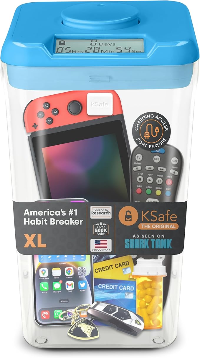 Kitchen Safe Time Locking Container (XL), Timed Lock Box for Cell Phones, Snacks, and other unwanted temptations (Blue Lid + 12.3” Clear Base with Access Port)