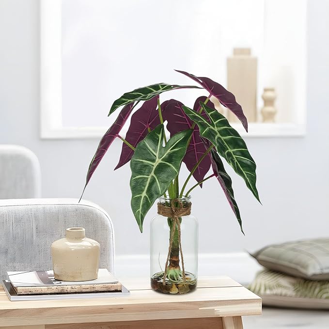 Briful 15'' Tall Fake Plants Alocasia Polly Faux Plant Indoor in Glass Vase with Stone and Faux Water, Realistic Artificial Root Propagation Plants for Home Farmhouse Table Bathroom Desk Decor