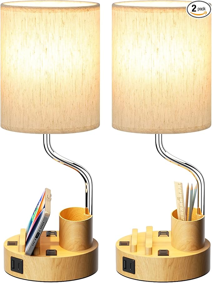 Bedside Table Lamps for Bedroom Set of 2 - Nightstand Light with AC Outlet and USB A & C for Charging, 3 Color Temperatures Wood Desk Lamp with Pen Holder & Phone Stand for Living Room/Dorm/Office