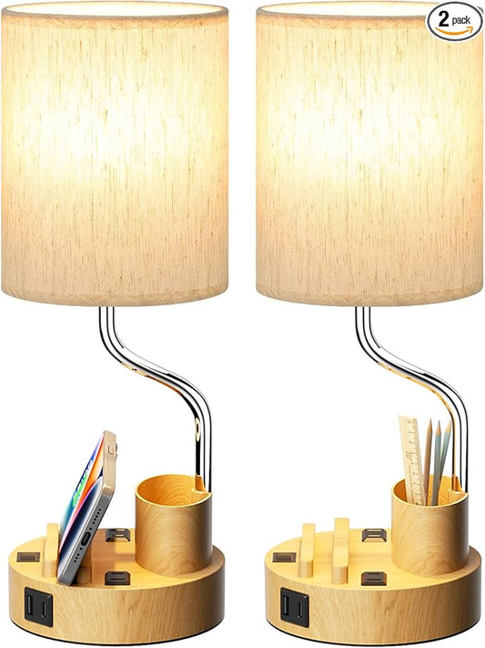 Bedside Table Lamps for Bedroom Set of 2 - Nightstand Light with AC Outlet and USB A & C for Charging, 3 Color Temperatures Wood Desk Lamp with Pen Holder & Phone Stand for Living Room/Dorm/Office