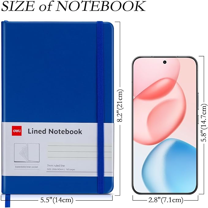deli A5 Lined Journal Notebook, 160 Pages Hardcover Writing Notebook, 5.5"x8.2" College Ruled Notebook for Office, School, Work Notes (Blue)