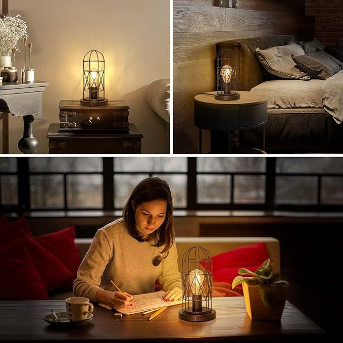 Small Touch Lamp, Industiral Bedside Table Lamps with Antique Bronze Cage, 3 Way Dimmable Nightstand Steampunk Edison Lamp for Bedroom Living Room Kitchen, LED Bulb Included