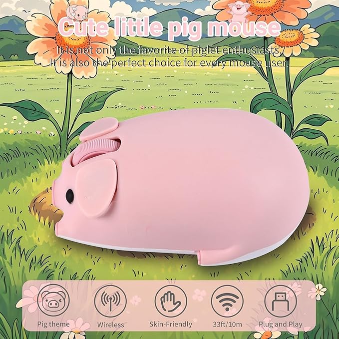 Cute Pig Design Wireless Mouse - Dual Mode Bluetooth & USB, Silent Operation, Ergonomic, Ideal for Laptops & PCs, for Animal Lovers and Family (pnik)