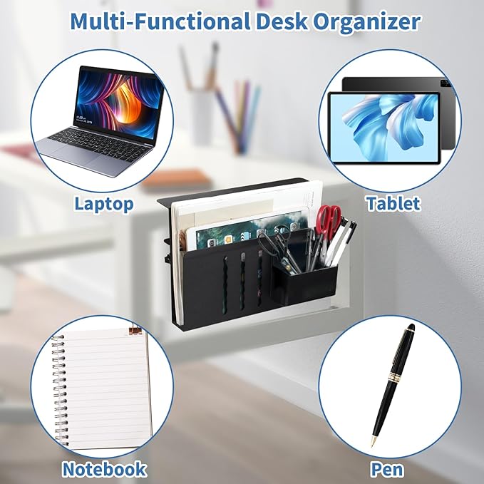 Under Desk Laptop Holder, Desk Side Storage with Anti-Scratch Pad & Magnetic Pen Holder, Clamp on Table Organizer for Office Home Fits Flat Edge Table 0.3" to 2.3"