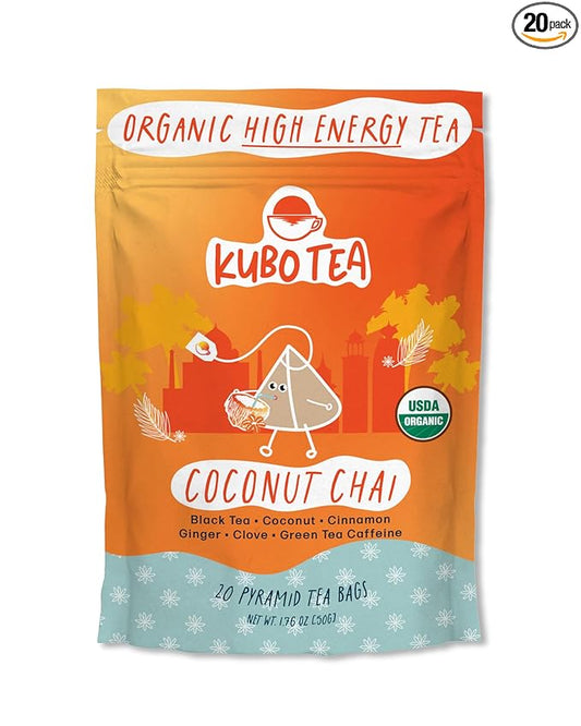 Kubo Tea, Coconut Chai Black Tea, Organic High Caffeine Blend, 20 Servings (155mg Caffeine each), Pyramid Tea Bags, Compostable & Biodegradable Packaging, Brew Hot or Iced, Healthy Coffee Substitute