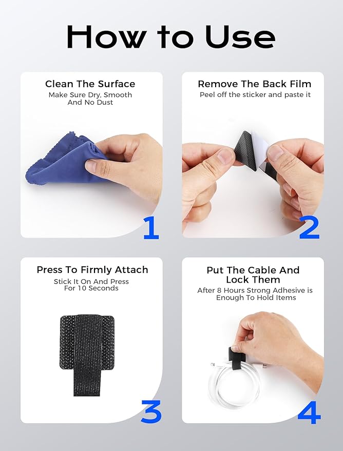 100pcs Hook and Loop Cable Ties, gliship Adhesive Wire Management, Adjustable Cable Straps Cord Wrappers Keeper Cord Holder, Sticky-back Cord Organizer for Kitchen Appliances at Office, Home - Black