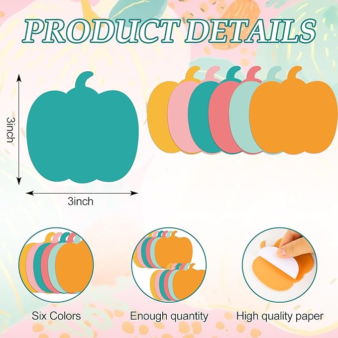 24 Pack Fall Pumpkin Sticky Notes 6 Colors Colorful Boho Autumn Sticky Memo Pads for School Classroom Thanksgiving Party Decor Supplies, 480 Sheets