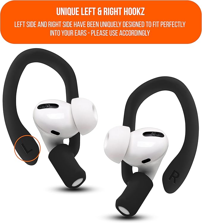 WC HookZ - Patented Upgraded Over Ear Hooks for AirPods Pro 1, 2 & AirPods 1, 2 & 3- Two Size Pairs Included in Package, Unique Left & Right Hook, Made by Wicked Cushions | Pitch Black