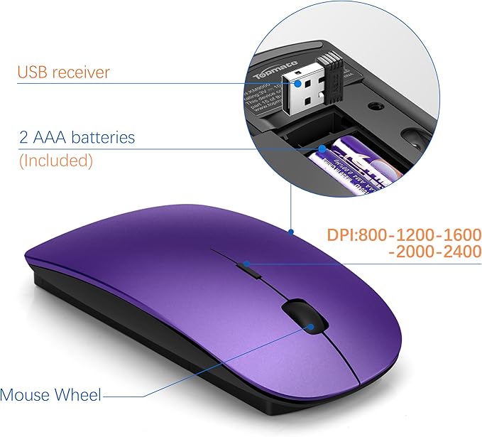 Wireless Keyboard and Mouse Ultra Slim Combo, TopMate 2.4G Silent Compact USB 2400DPI Mouse and Scissor Switch Keyboard Set with Cover, 2 AA and 2 AAA Batteries, for PC/Laptop/Windows/Mac-Purple Black
