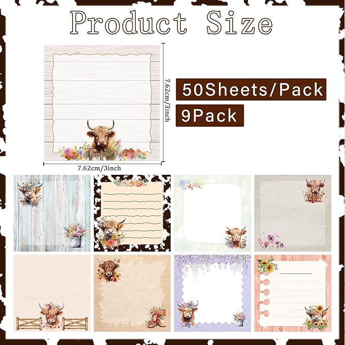 Highland Cow Sticky Notes Set - Lovarywow 9 Pack Highland Cow Sticky Notepad Cute Animals Sticky Notes 3"X3" Adhesive Post Memo Pad Gifts Office Home Cow Print School Supplies 450 Sheets