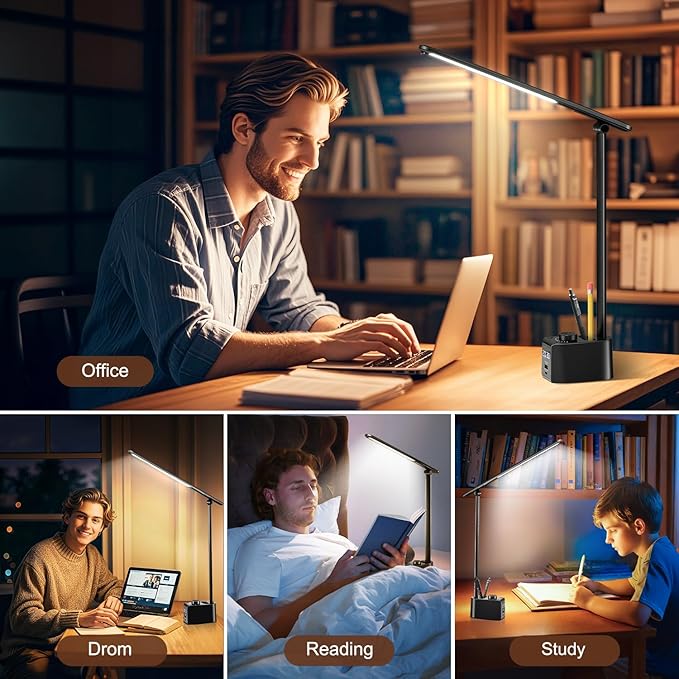 LED Desk Lamp,5 Colors+11 Brightness LED Desk Lamp with USB Charging Port+Clock+Pen Holder,700 Lumen Desk Light Classroom Desk Lamps for Home Office, Bed,Reading,Nail,Craft