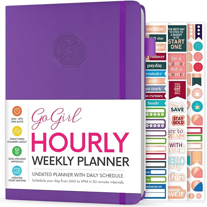 GoGirl Weekly Schedule Planner – Hourly Work & Life Planner with Time Slots – Vertical Agenda Organizer for Daily Productivity, A5 (Purple)