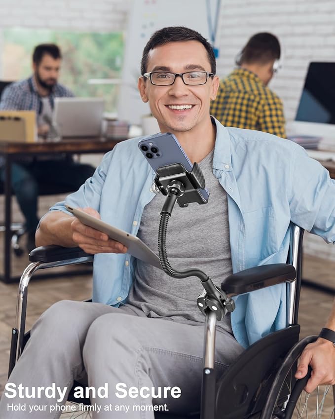 Gooseneck Phone Holder for Wheelchair, Stroller, Golf Cart, Boat, Mic Stand, Indoor Cycling Bike, Gym Bicycle Handlebar Clamp, Compatible with iPhone 16 Pro Max/15/14/13/12, Android and All Smartphone