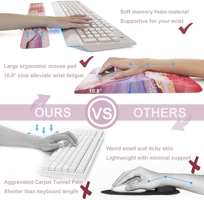 Ospelelf Ergonomic Mouse Pad and Keyboard Wrist Rest Support, Wrist Rest for Computer Keyboard, Office, Gaming, Pink