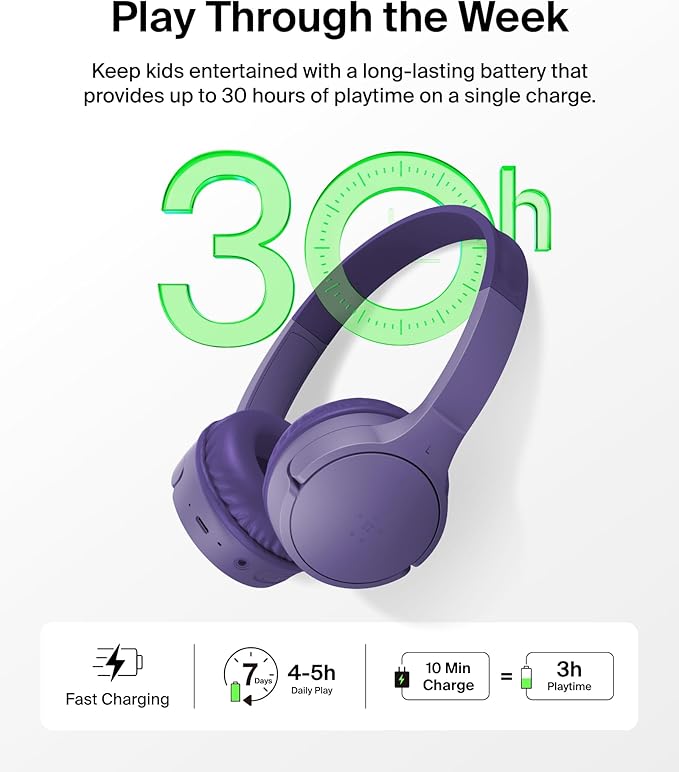 Belkin SoundForm Mini - Wireless Bluetooth Kids Headphones, 30H Battery, 85dB Safe Volume Limit, Built-in Microphone - Toddler On-Ear Earphones for iPhone, iPad, Fire Tablet, Ideal for School - Purple
