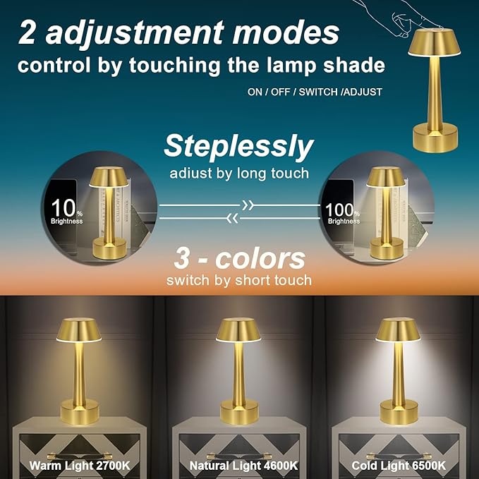 Egobasic Cordless Small Table Lamp, Gold Battery Operated Lamp for Restaurant Dinner Table, Rechargeable Dimmable Night Light Touch Portable Lamp for Bedside Dining Room Patio Bar Outdoor Décor