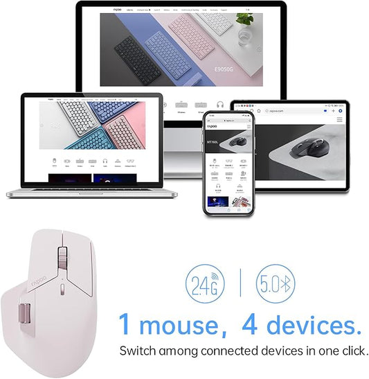 Rapoo MT760Mini Bluetooth Wireless Mouse - Bluetooth 5.0 and 2.4GHz Multi-Mode Connection, Support 4 Devices, M+ Cross Computer Technology, 11 Programmable Buttons,Pink