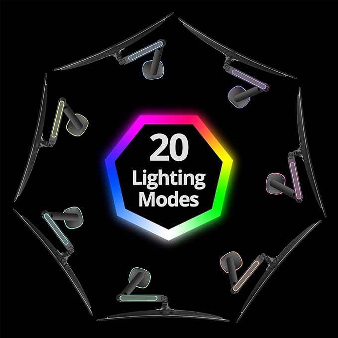 AVLT Single 27”-45” RGB Gaming Monitor Arm Desk Mount Built-in 20 Lighting Modes Touch Button Control Fits Flat/Curved/Ultrawide Screen Height Swivel Tilt Rotation Adjustable Stand -Black