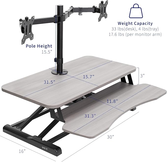 VIVO Height Adjustable 32 inch Standing Desk Converter with Dual 13 to 30 inch Monitor Stand, Sit Stand Monitor Mount and Desk Riser, Gray, DESK-V000K-M2G