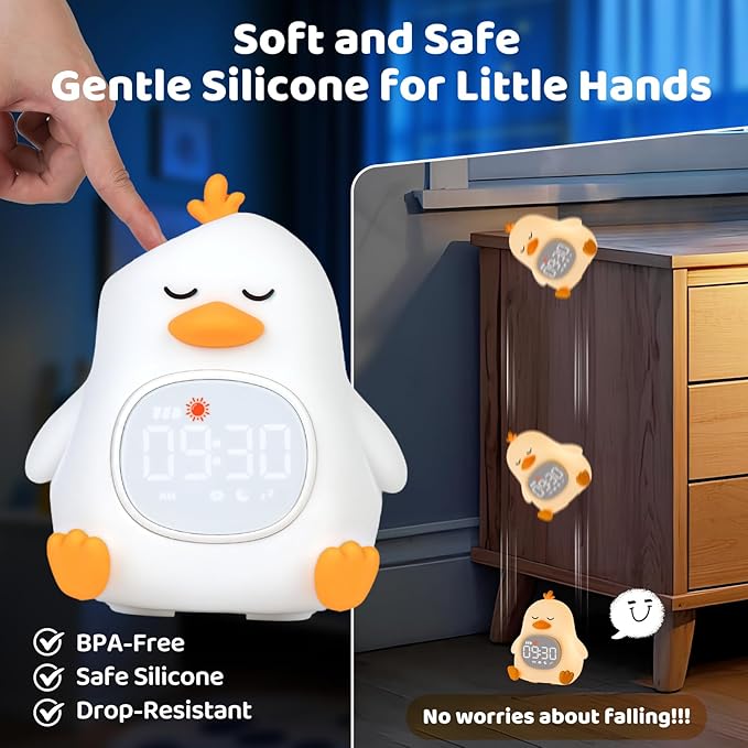 Sleepy Duck Alarm Clock with Night Light for Kids with Sleep Training and Sound Machine, Rechargeable Silicone Lamp OK to Wake Clock，Cute Animal Tabletop Lamp, Perfect Sleep Companion for Boys Girls