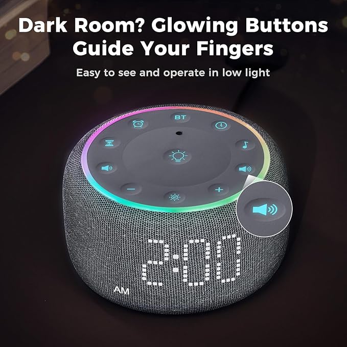 White Noise Machine Alarm Clock: Auto-Dimmable Clock for Bedrooms - 5W Stereo Bluetooth Speaker - Sound Machine with 24 Sleep Sounds for Adults Kids