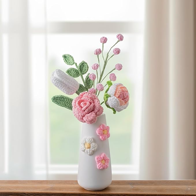 Handmade Crochet Flowers Arrangement with Vase, 14 inch Knitted Desk Decorations Centerpieces for Home Office Decor (Crochet Bouquet)