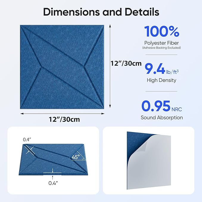 12 Pack 12" X 12" X 0.4" Acoustic Panels for Wall Sound Absorbing, P-Stripes Square Self-Adhesive Sound Panels, High Density Suitable for Multiple Scenarios(Yale Blue)