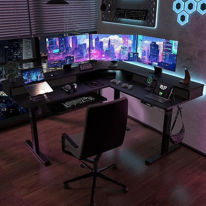 L Shaped Standing Desk with USB Charging Port & 4 Drawers,63 x 55 inch Electric Adjustable Height Corner Stand Up Desk with Keyboard Tray & Storage,Sit Stand Computer L Table for Gaming Office