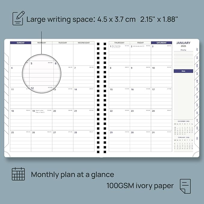 POPRUN 2026 Weekly Planner 30-Mintue (Medium 7'' x 8.5'') - From Jan 2026 to Dec 2026 - Two Pages Per Week Appointment Book with Monthly Tabs, Softcover, Inner Pocket, Pen Holder - Ink Blue