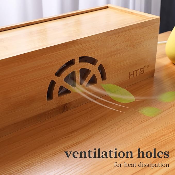 Cable Management Box Set of 2 by HTB, Large & Small Bamboo Cord Organizer Box to Hide Wires & Power Strips | Desk Computer Cable Management Box | Cable Storage | Cord Box Hider for Home & Office